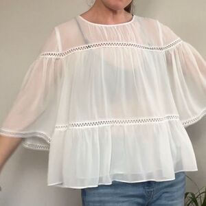 White Flowy Tiered Sheer Layered Bohemian Top M